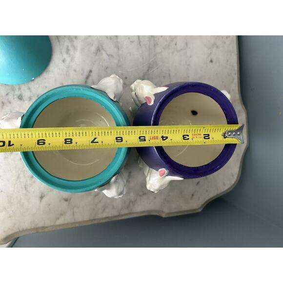 (2) 1960s Ceramic Easter Egg Candy Jar Hand Painted Bunnies Rabbits Purple Teal - Picture 8 of 16